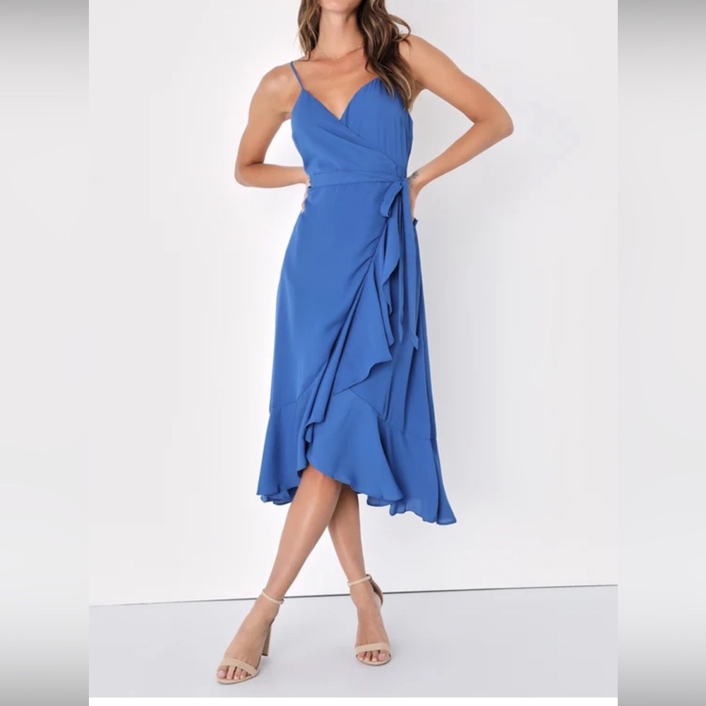 Lulu's Manhattan Moment Blue Ruffled Midi Wrap Dress, size S